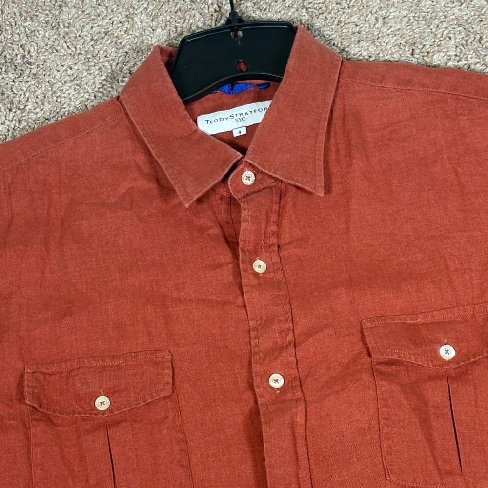 Teddy Stratford NYC Mens Rust Orange 100% Linen Zip Front Short Sleeve Shirt 4